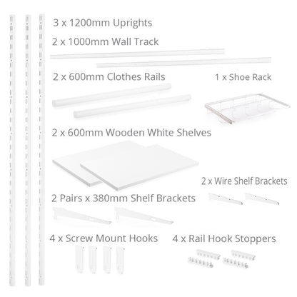 Flexx White Wooden Shelf System with Clothes Rail & Shoe Rack- H1200mm