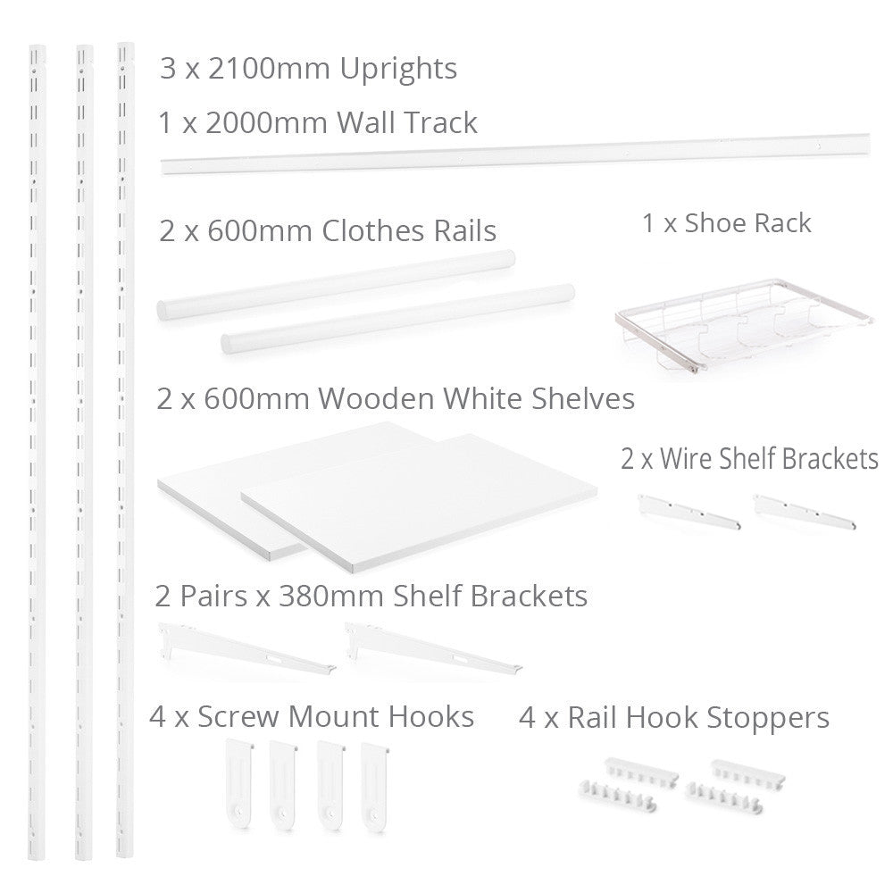 Flexx White Wooden Shelf System with Clothes Rail & Shoe Rack- H2100mm