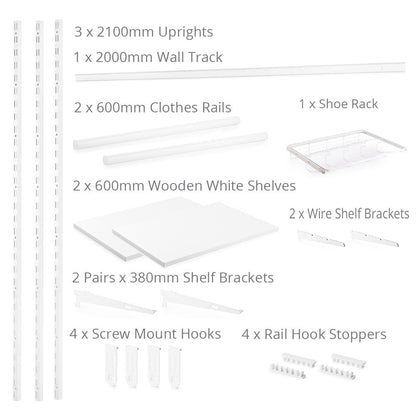 Flexx White Wooden Shelf System with Clothes Rail & Shoe Rack- H2100mm