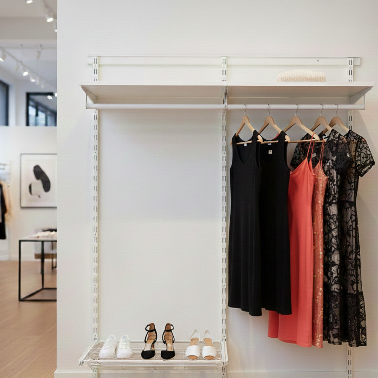 Flexx White Wooden Shelf System with Clothes Rail & Shoe Rack- H2100mm