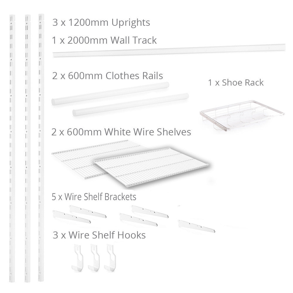 Flexx White Wire Shelf System with Clothes Rail & Shoe Rack- H1200mm