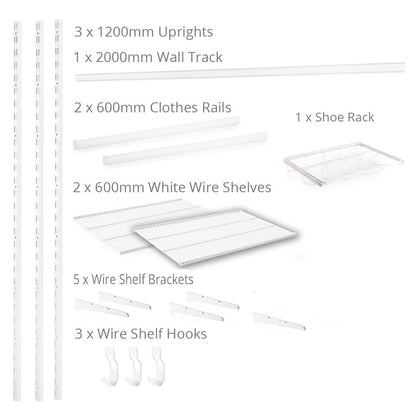 Flexx White Wire Shelf System with Clothes Rail & Shoe Rack- H1200mm