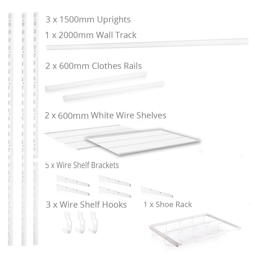 Flexx White Wire Shelf System with Clothes Rail & Shoe Rack- H1500mm