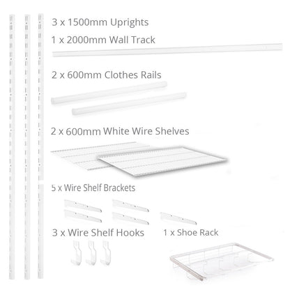 Flexx White Wire Shelf System with Clothes Rail & Shoe Rack- H1500mm
