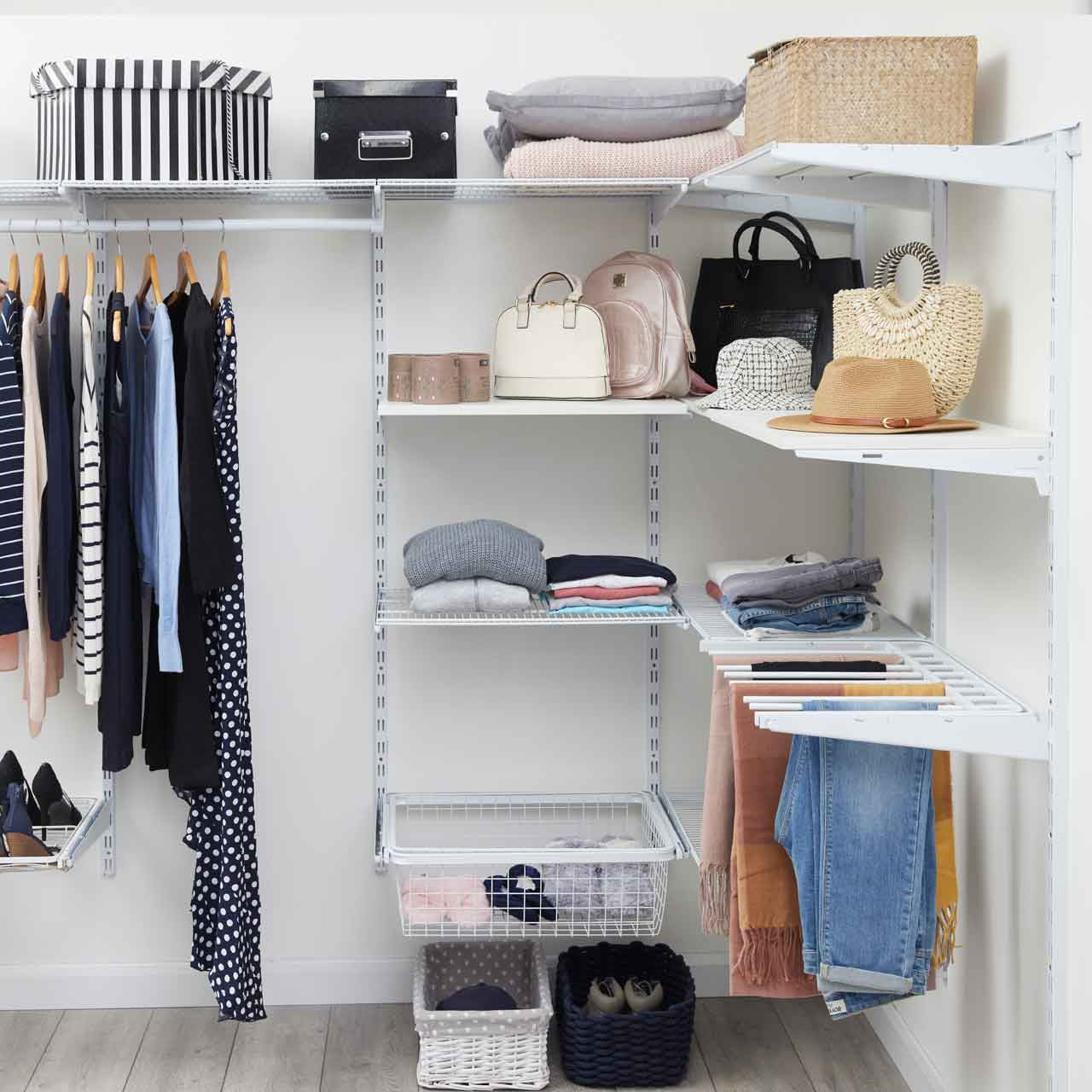 Flexx White Wire Shelf System with Clothes Rail & Shoe Rack- H1500mm
