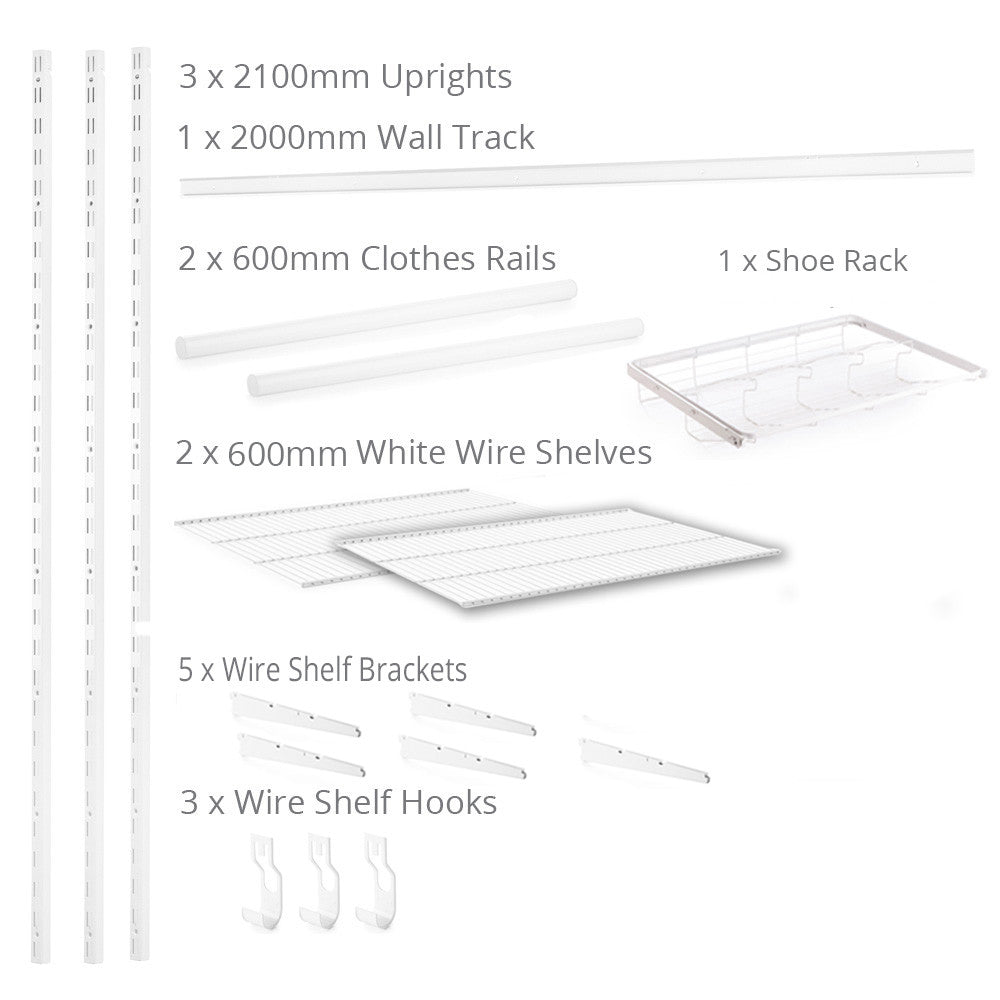 Flexx White Wire Shelf System with Clothes Rail & Shoe Rack- H2100mm
