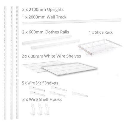 Flexx White Wire Shelf System with Clothes Rail & Shoe Rack- H2100mm