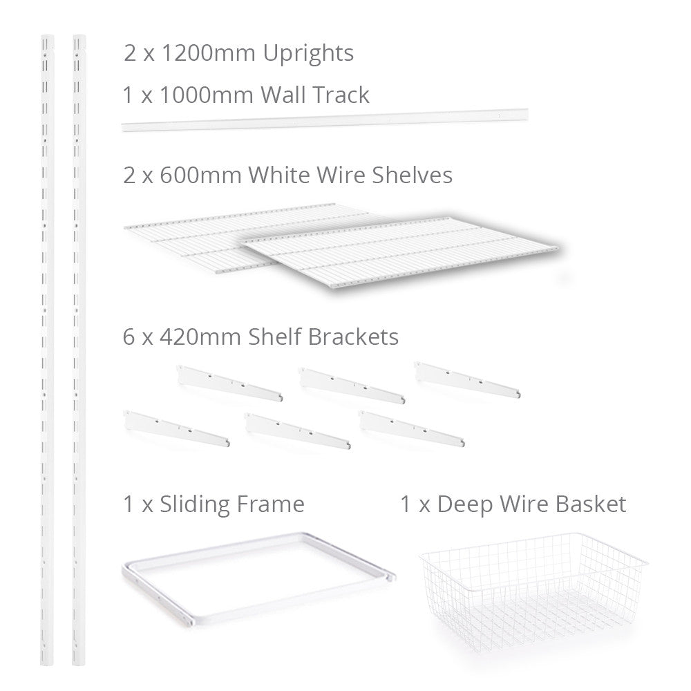 Flexx White Wire 2 Shelf System with Shallow or Deep Basket- H1200mm