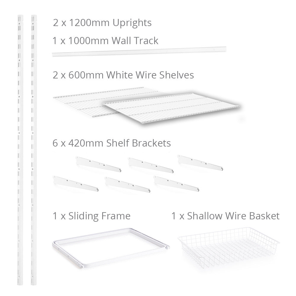Flexx White Wire 2 Shelf System with Shallow or Deep Basket- H1200mm
