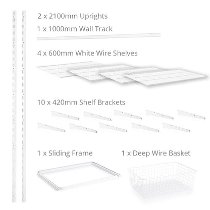 Flexx White Wire 4 Shelf System with Basket- H2100mm
