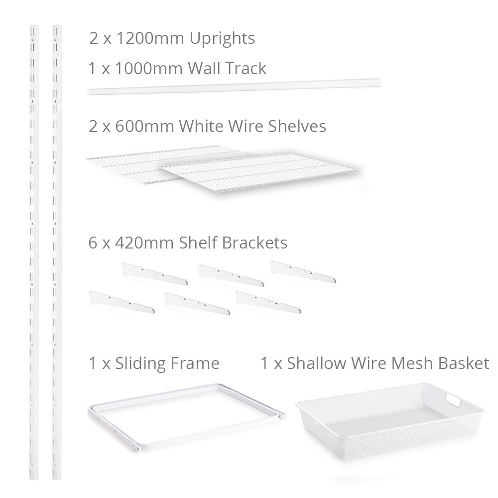 Flexx White Wire 2 Shelf System with Wire Mesh Basket- H1200mm
