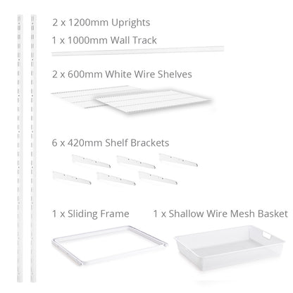 Flexx White Wire 2 Shelf System with Wire Mesh Basket- H1200mm