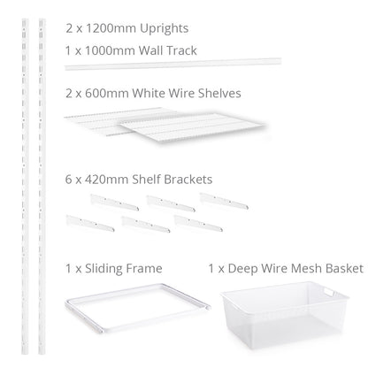 Flexx White Wire 2 Shelf System with Wire Mesh Basket- H1200mm