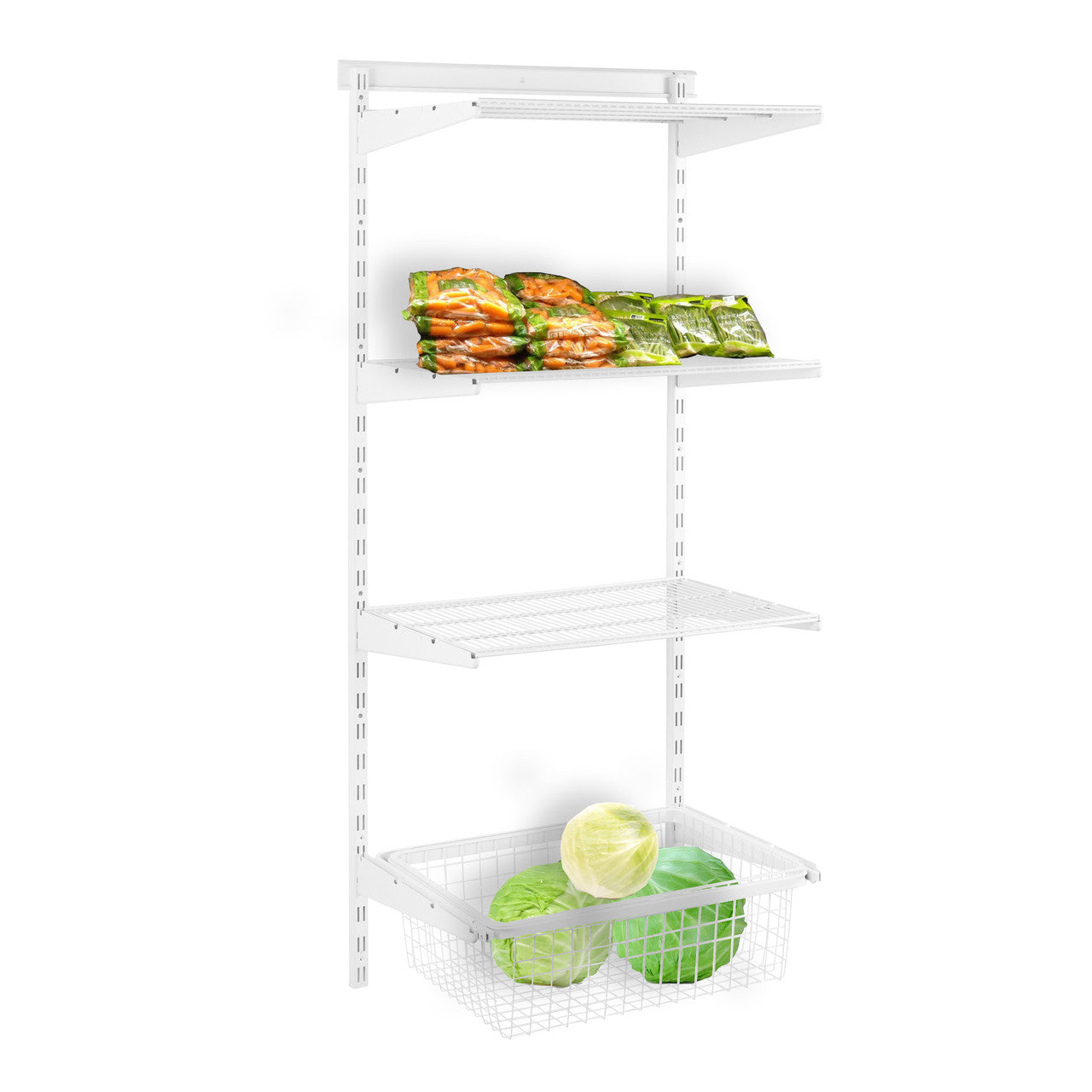 Flexx White Wire 3 Shelf System with Wire Mesh Basket- H1500mm