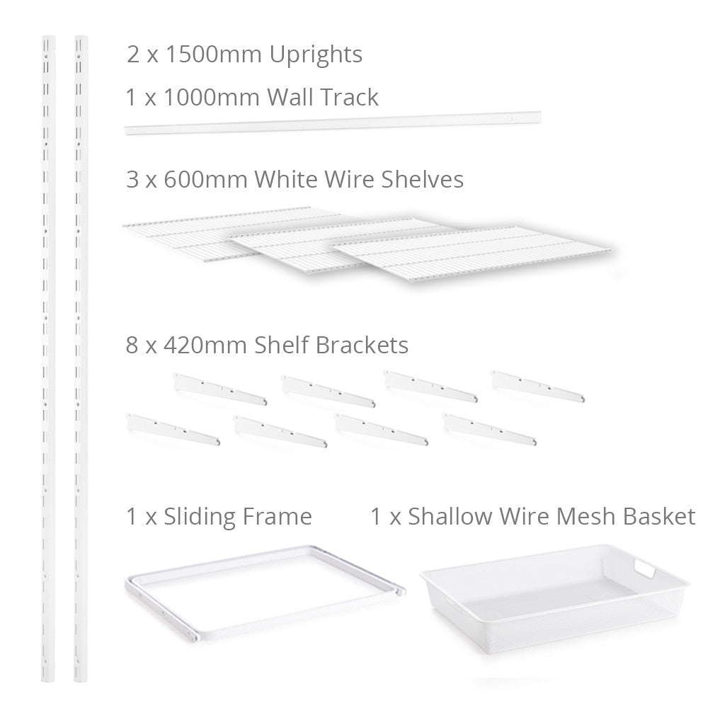 Flexx White Wire 3 Shelf System with Wire Mesh Basket- H1500mm