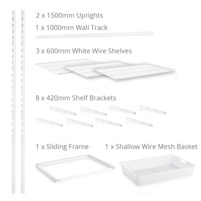 Flexx White Wire 3 Shelf System with Wire Mesh Basket- H1500mm