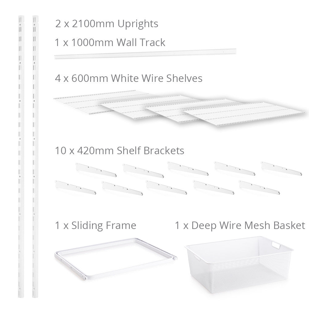Flexx White Wire 4 Shelf System with Wire Mesh Basket- H2100mm