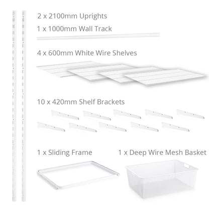 Flexx White Wire 4 Shelf System with Wire Mesh Basket- H2100mm
