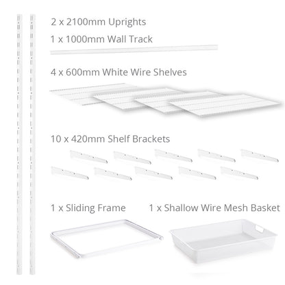 Flexx White Wire 4 Shelf System with Wire Mesh Basket- H2100mm