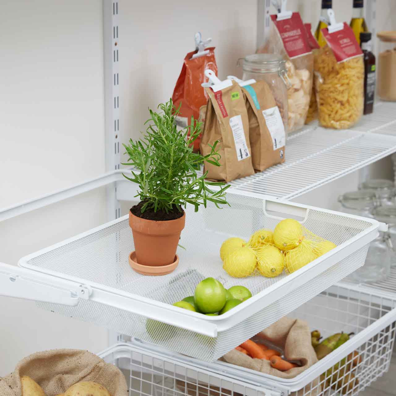 Flexx White Wire 4 Shelf System with Wire Mesh Basket- H2100mm