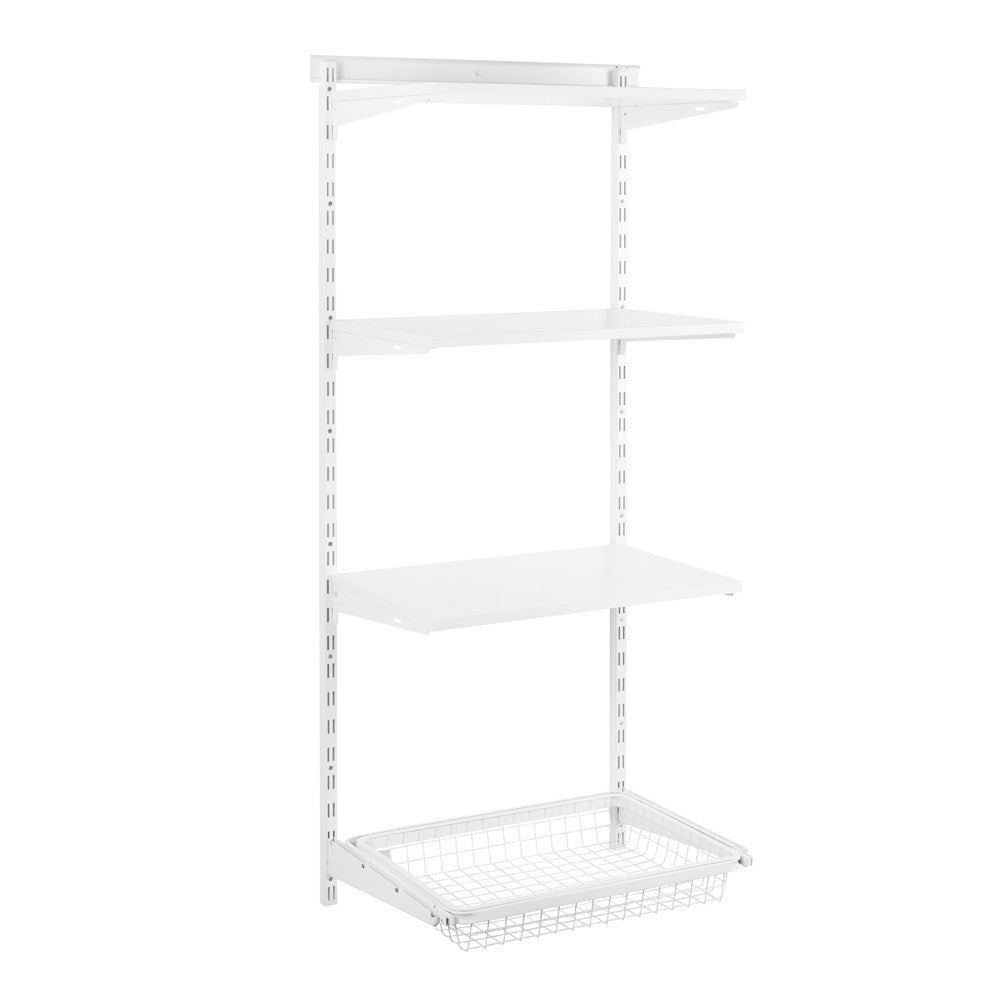 Flexx White Wooden 3 Shelf System with Wire Basket- H1500mm