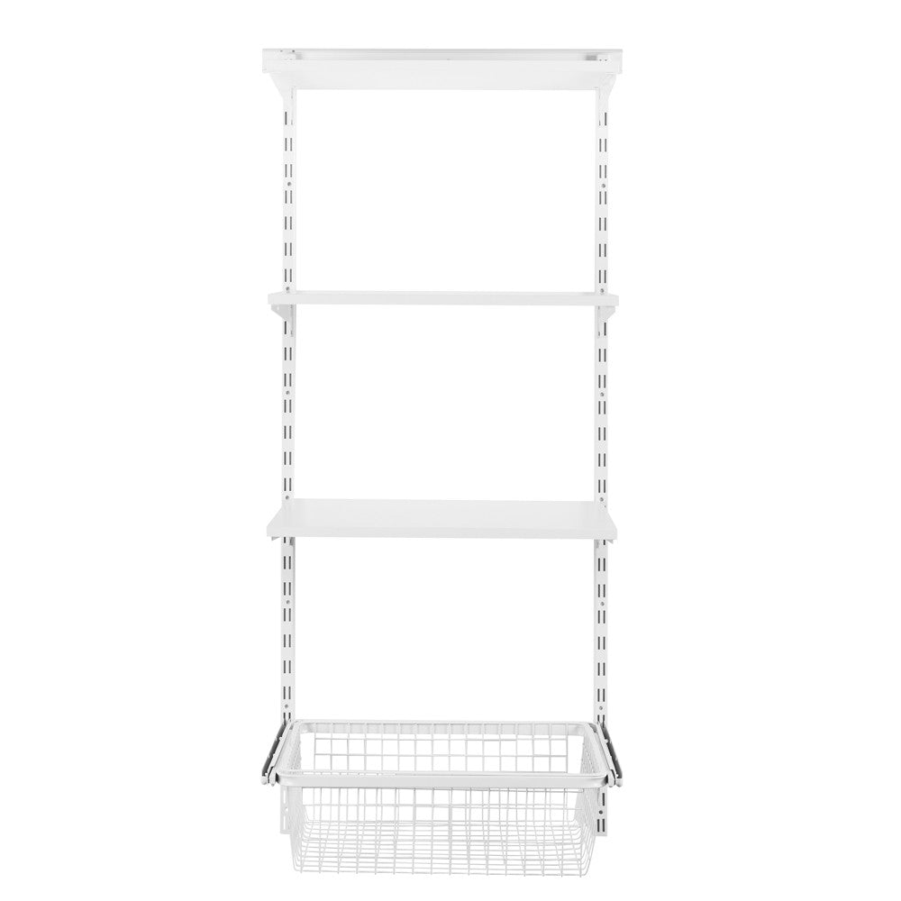 Flexx White Wooden 3 Shelf System with Wire Basket- H1500mm