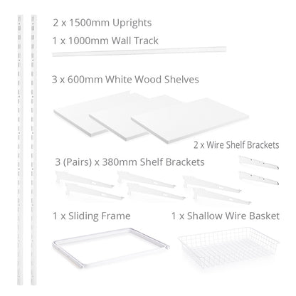 Flexx White Wooden 3 Shelf System with Wire Basket- H1500mm