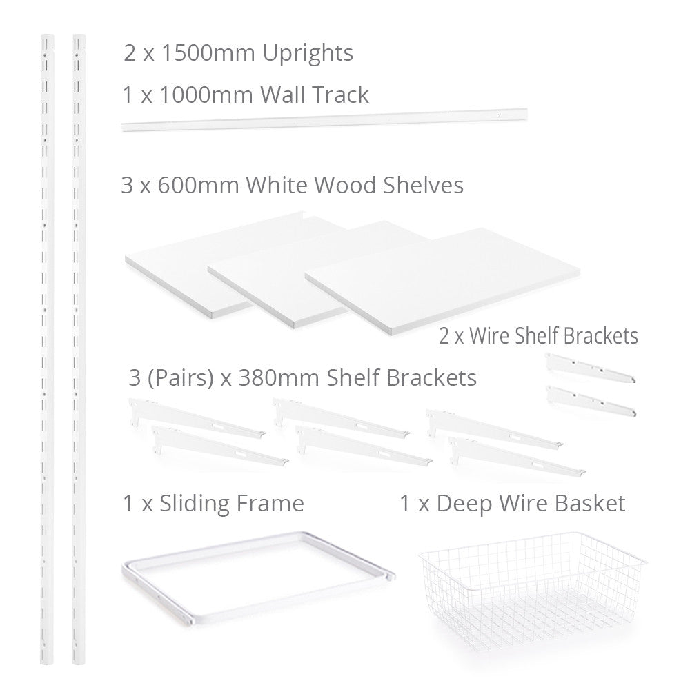 Flexx White Wooden 3 Shelf System with Wire Basket- H1500mm