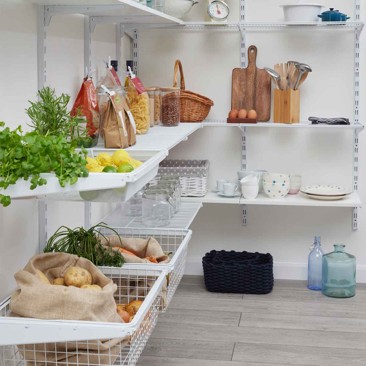 Flexx White Wooden 3 Shelf System with Wire Basket- H1500mm