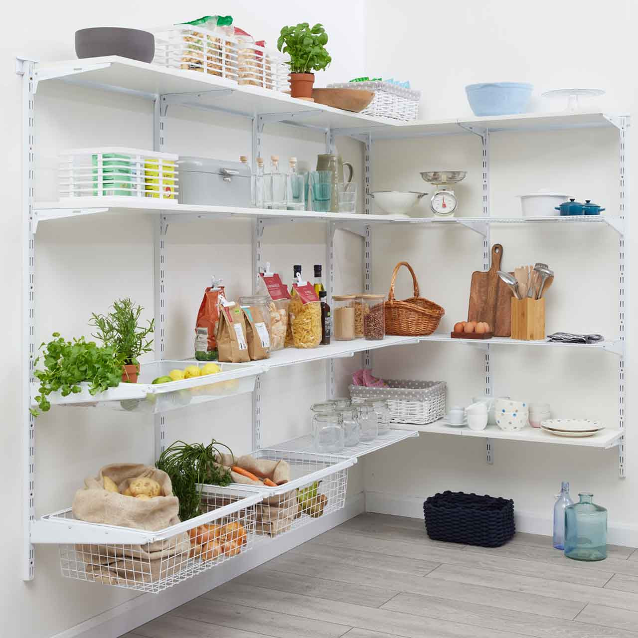 Flexx White Wooden 3 Shelf System with Wire Basket- H1500mm