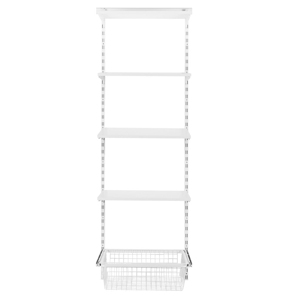 Flexx White Wooden 4 Shelf System with Basket- H2100mm