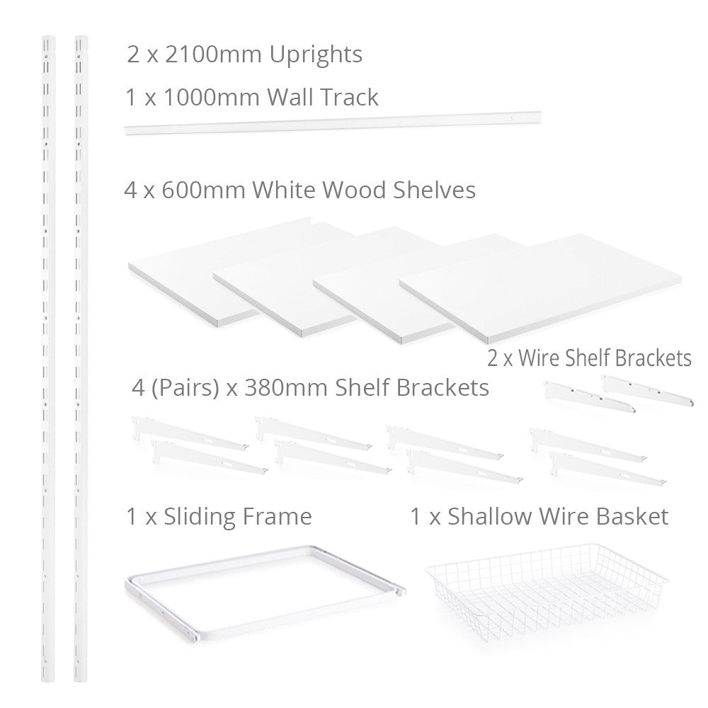 Flexx White Wooden 4 Shelf System with Basket- H2100mm