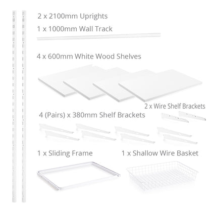 Flexx White Wooden 4 Shelf System with Basket- H2100mm