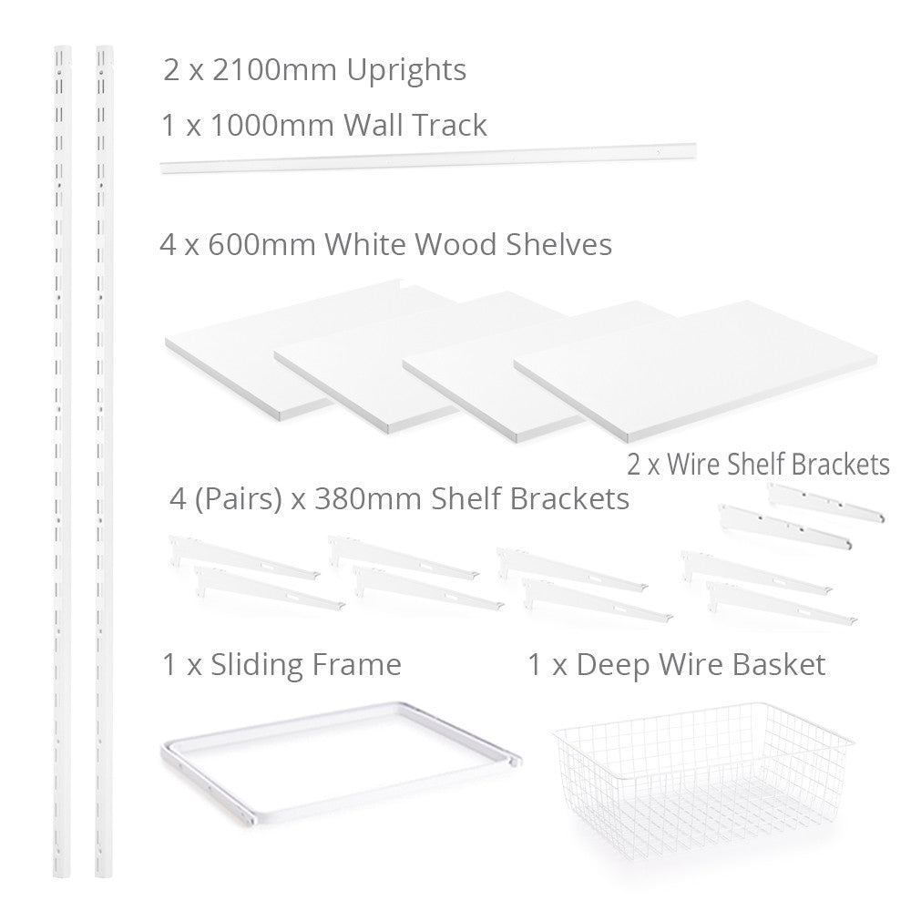 Flexx White Wooden 4 Shelf System with Basket- H2100mm