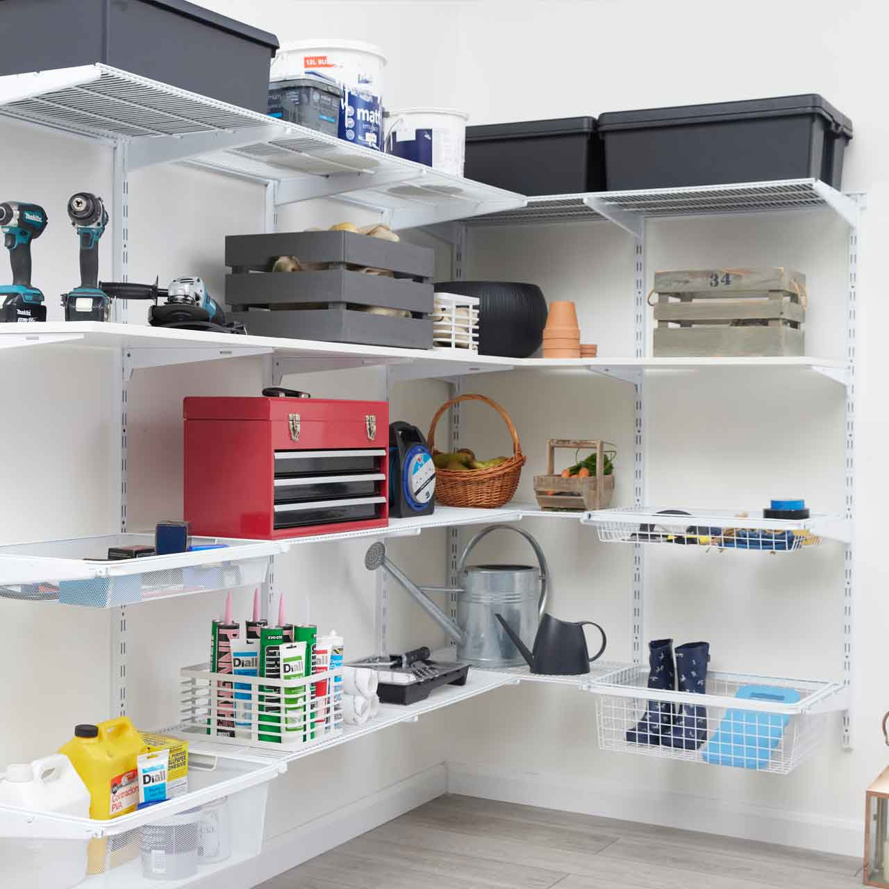 Flexx White Wooden 4 Shelf System with Basket- H2100mm