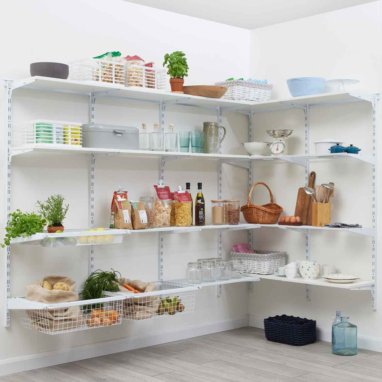 Flexx White Wooden 4 Shelf System with Basket- H2100mm