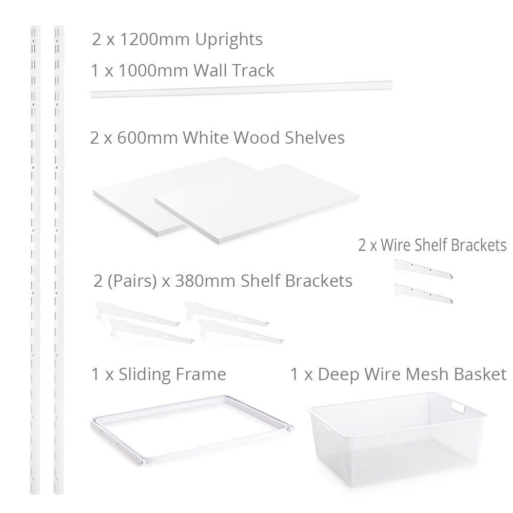 Flexx White Wooden 2 Shelf System with Wire Mesh Basket- H1200mm