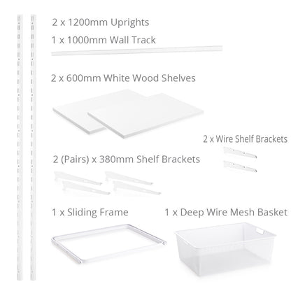 Flexx White Wooden 2 Shelf System with Wire Mesh Basket- H1200mm