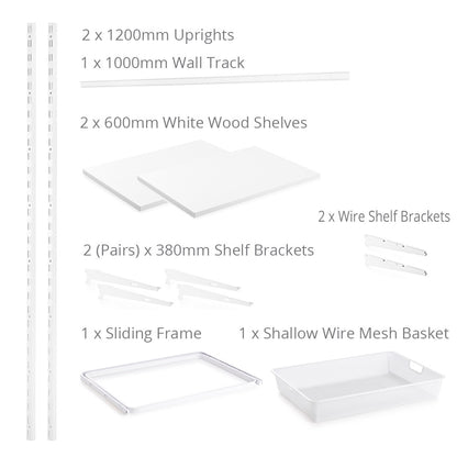 Flexx White Wooden 2 Shelf System with Wire Mesh Basket- H1200mm