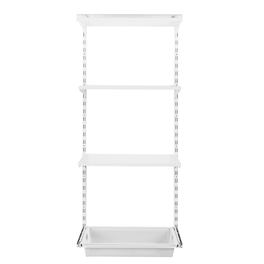 Flexx White Wooden 3 Shelf System with Wire Mesh Basket- H1500mm
