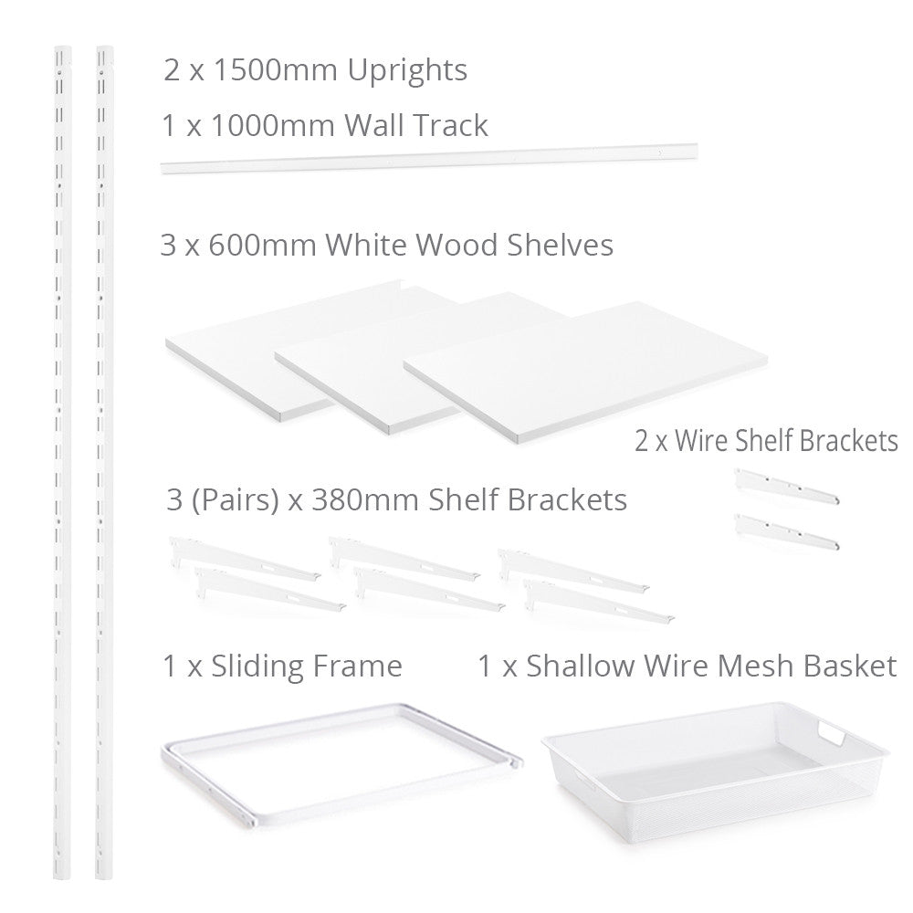 Flexx White Wooden 3 Shelf System with Wire Mesh Basket- H1500mm