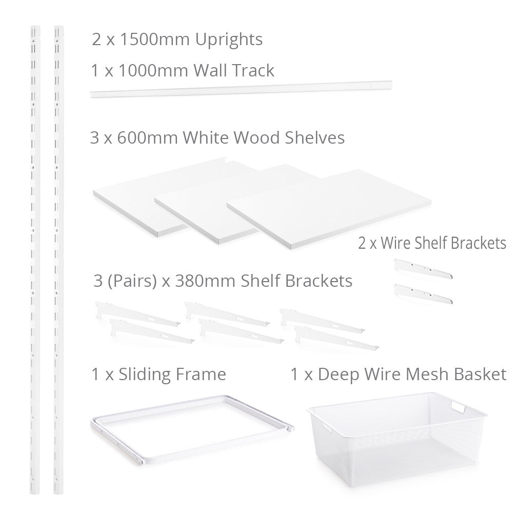 Flexx White Wooden 3 Shelf System with Wire Mesh Basket- H1500mm
