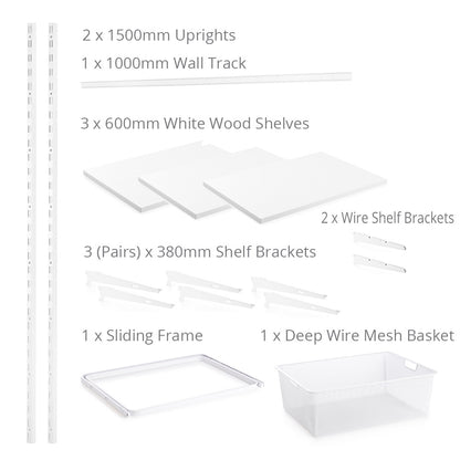 Flexx White Wooden 3 Shelf System with Wire Mesh Basket- H1500mm