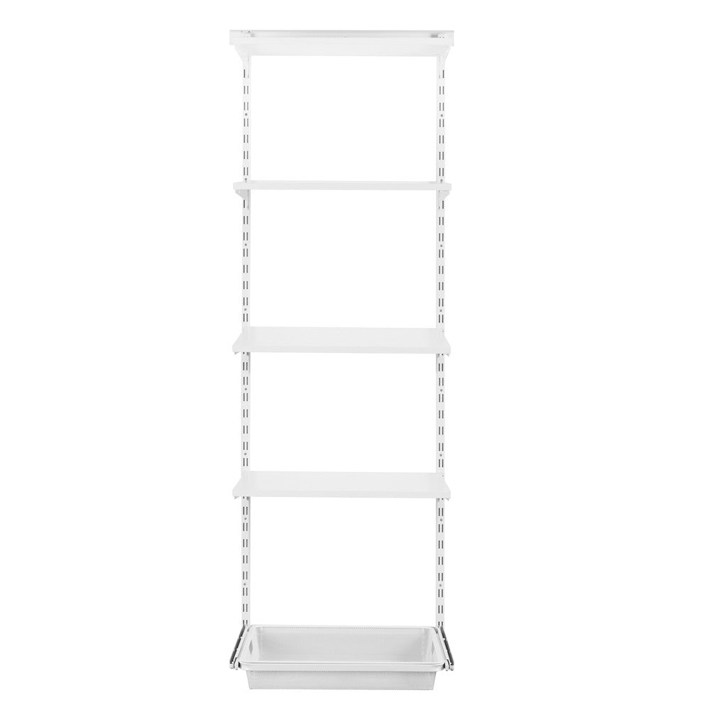 Flexx White Wooden 4 Shelf System with Fine Wire Mesh Basket- H2100mm