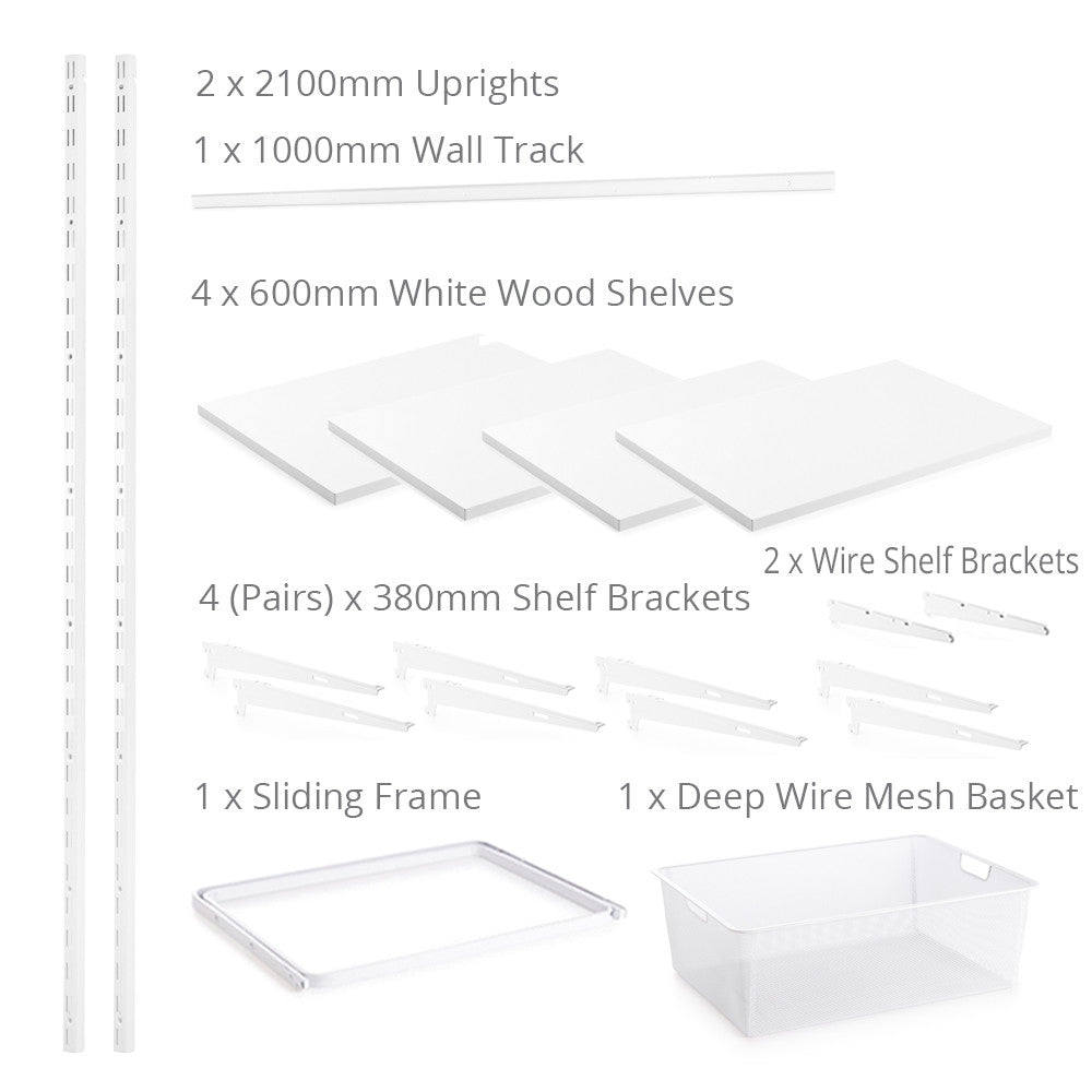 Flexx White Wooden 4 Shelf System with Fine Wire Mesh Basket- H2100mm