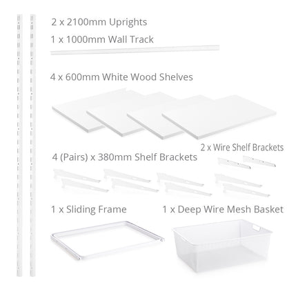 Flexx White Wooden 4 Shelf System with Fine Wire Mesh Basket- H2100mm