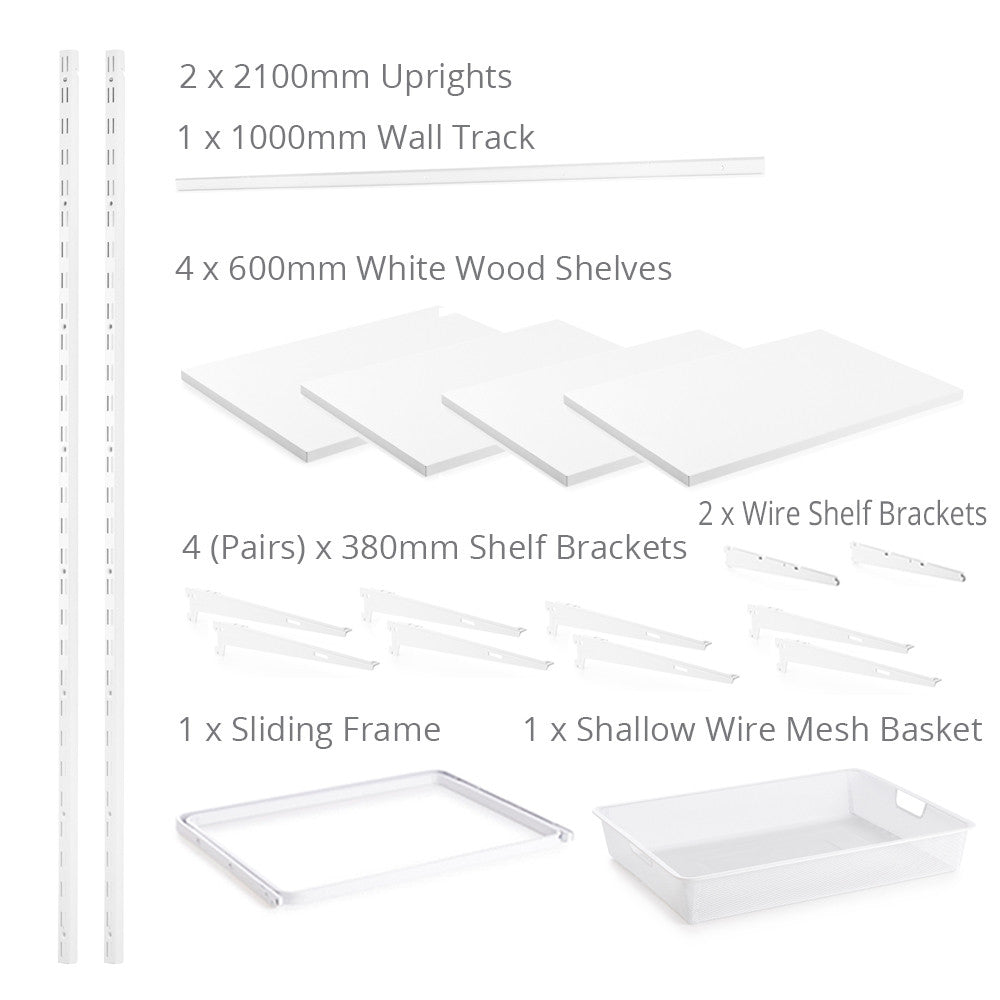 Flexx White Wooden 4 Shelf System with Fine Wire Mesh Basket- H2100mm