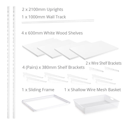 Flexx White Wooden 4 Shelf System with Fine Wire Mesh Basket- H2100mm