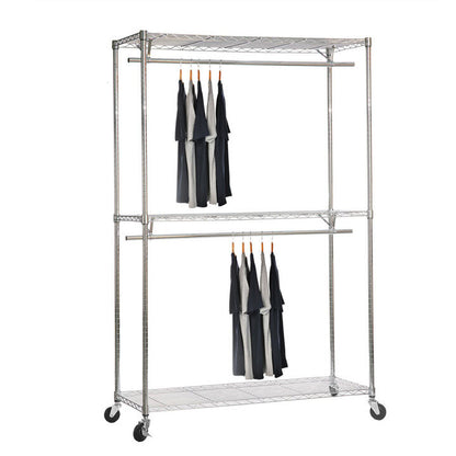 Chrome Wire Clothes Rack with Wheels - 2 x Rail & 3 x Shelves - H2100 x D450mm