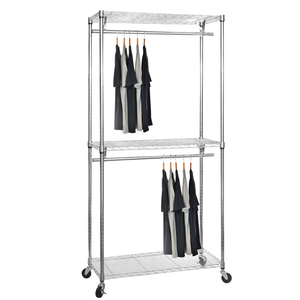 Chrome Wire Clothes Rack with Wheels - 2 x Rail & 3 x Shelves - H2100 x D450mm